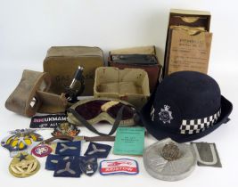 A mixed collection of collectables including stereoscopic viewer, WPC hat, cloth army and other