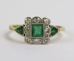 An Antique 18ct Gold, Emerald and Diamond Ring, 4x3.7mm millegrain set principal stone, stamped 18CT