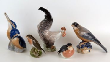A collection of five Royal Copenhagen porcelain bird ornaments, includes a pair of Kingfishers,