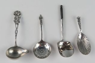 Three assorted silver caddy spoons, and a ladle, various makers and dates, 44gms, 1.44ozs (4)