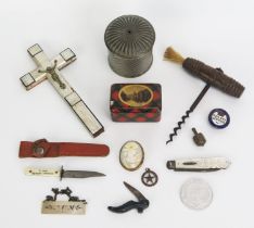 A mother-of-pearl crucifix, tartan ware box, pull corkscrew and other collectables