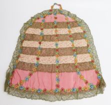 A Victorian pink silk and embroidered tea cosy, with banded lace and bullion lace decoration, 40cm