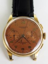 A Chronograph Suisse 18K Gold Wristwatch, 37.5mm case. Running, needs attention