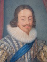 Attributed to George Perfect Harding, Charles I, half length oval portrait, gouache, 23 x 18cm,