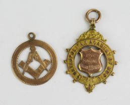 An Antique 9ct Gold Masonic Square & Compass Fob (London 1909, GK&S) and another 9ct gold fob