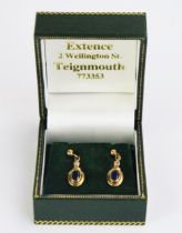 A Pair of 9ct Gold, Sapphire and Diamond Pendant Earrings, 6x4mm sapphires, 20mm drop, 2.7g, with