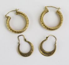 Two Pairs of 9ct Gold Hoop Earrings, large 24mm, 3.47g