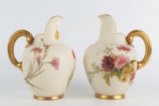 Two Royal Worcester blush ivory cream jugs with 1094 painted summer flowers decoration, puce
