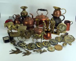 A collection of assorted brass and copper wares, includes, tea pots, kettle, Jersey jugs,