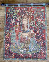 French machine woven tapestry with wooden hanging rail titled ' Le Roman de la Rose ' by Anne-Roland