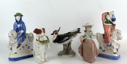 A pair of Rye pottery figures from Canterbury Tales, a Nao figure of a girl, together with two other