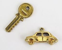 A 9ct Gold Car Charm (hallmarked) and a precious yellow metal key charm (KEE tested as 9ct), 1.94g