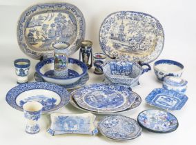 A collection of blue and white ceramic wares, various patterns and designs, includes serving dishes,