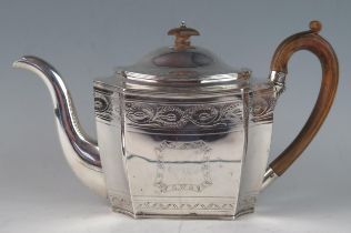 A George III silver teapot, maker Charles Chesterman II, London, 1802, of rectangular form with