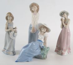 Lladro and Nao, four assorted porcelain figurines of young girls including seated girl with bird. (