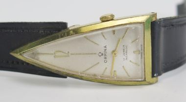 An ORFINA Gold Plated Wristwatch with an unusual c. 48x23mm triangular dial, manual wind 17 jewel