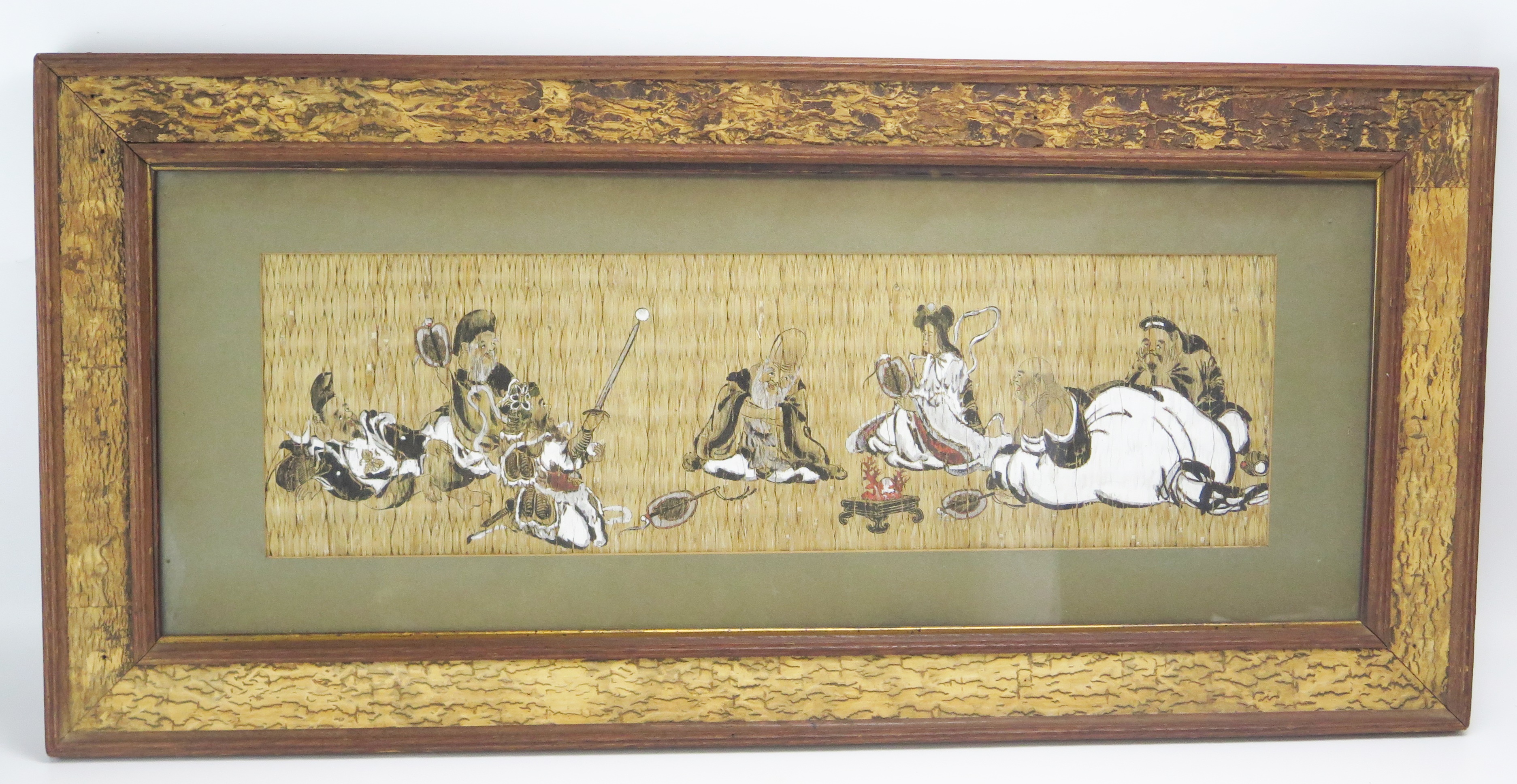 A Chinese painting on woven matting depicting seven seated immortals, 16x 56cm F & G.