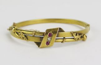 An Antique 15ct Gold, Diamond and Ruby Stone Hinged Bangle, Birmingham 1903, 9g
