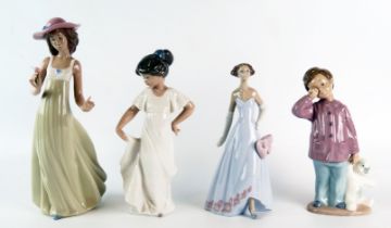Lladro and Nao, four assorted porcelain figurines, young girls and both with a teddy bear. (4).