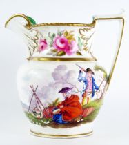 A 19th century English porcelain jug with rose decoration to the neck, gypsy encampment, monogram