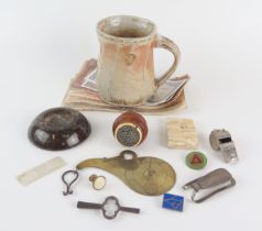 A 19th century treen and metal nutmeg grater, a small serpentine dish, brass postage balance scales,