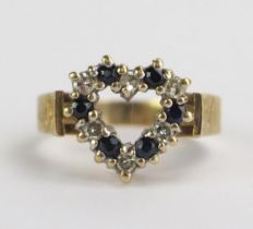 A 9ct Gold, Sapphire and Diamond Heart Shaped Ring, hallmarked, 12x11.5mm head, size J, 3g