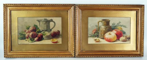 A pair of early 20th century Still lives 'Flagons and Fruit' watercolours, indistinctly signed, each