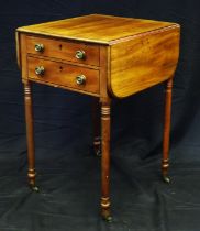 A mahogany Pembroke style table, with two hinged leaves and two short frieze drawers, raised on ring