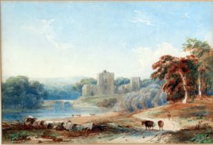 Anthony Copley Fielding (1787-1855) Castle ruins and bridge with cattle in the foreground,