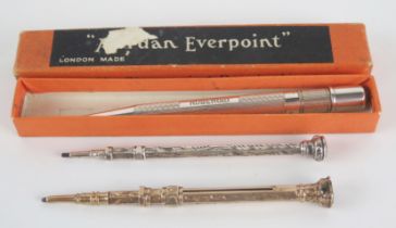 A 9ct gold propelling pencil, a silver propelling pencil and a Mordan 'Everpoint' propelling