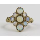 A 9ct Gold and Opal Nine Stone Marquis Shaped Ring, hallmarked, 18x15mm head, size S.5, 4.2g