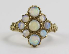 A 9ct Gold and Opal Nine Stone Marquis Shaped Ring, hallmarked, 18x15mm head, size S.5, 4.2g