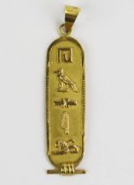 An Egyptian 18ct Gold Hieroglyphic Pendant, 44.5mm drop, 2.22g