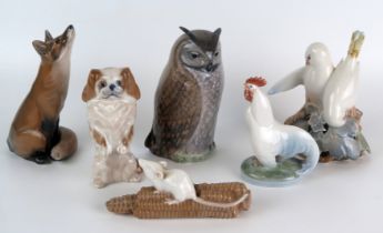 Six Royal Copenhagen porcelain animals and birds including Pug dog, Fox, Mouse on the corn of the