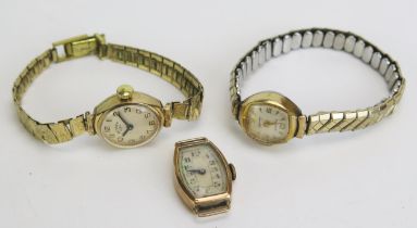 A Ladies ROTARY 9ct Gold Cased Wristwatch (running), one other 9ct wristwatch and a plated watch,