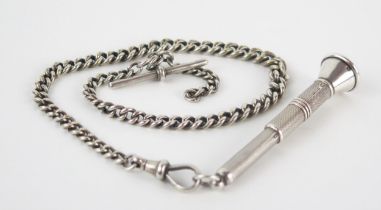 A silver cigar piercer, marks rubbed, of trumpet shaped outline on a silver chain link belcher,