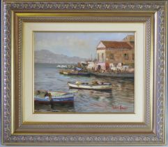 Andrea Marini, contemporary, Italian, depicting 'moored boats in a southern Italian harbour'