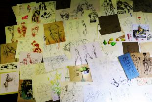 A large quantity of unframed sketches from the Peter Collins Studio Sale including life drawings.