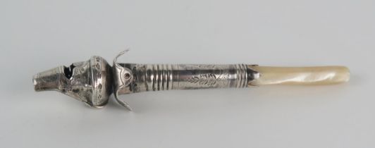 A Georgian silver child's teether, maker LT, initialled, with whistle and mother-of-pearl teether,