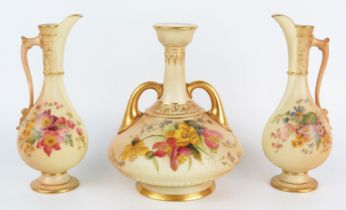 A Royal Worcester blush ivory twin handled vase, of squat globular form, with painted floral