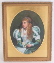 Continental School, portrait of a young lady in ermine trimmed dress and holding a lily, gouache and