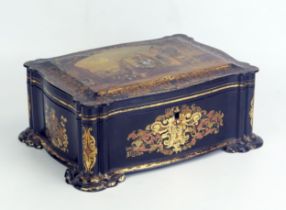 A Victorian papier-mache sewing box, of rectangular outline, the hinged lid decorated with a