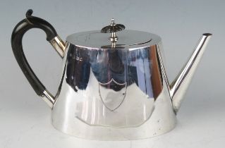 An Edward VII silver oval teapot, maker William Aitken, Birmingham, 1908, of plain tapering form, on