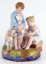A Paul Duboy porcelain spill vase, decorated with a standing boy and seated girl playing with