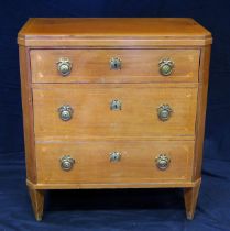 A continental rectangular mahogany chest with three long graduated drawers, raised on tapering