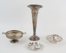 A mixed collection of silverwares, various makers and dates, includes specimen vase, pedestal bon