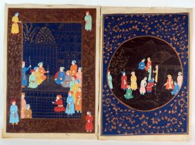 Two large Persian gouache paintings on linen depicting court scenes, each 50 x 35cm.