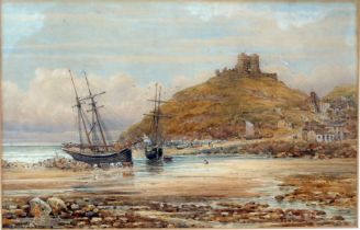 Victorian school, 'Beached fishing vessels' water colour, indistinctly signed, 27 x 43cm