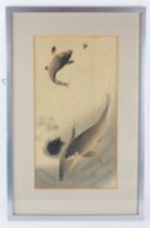 After Ohara Koson, a woodblock print of carp, one leaping for a fly, 33 x 18cm, F & G.