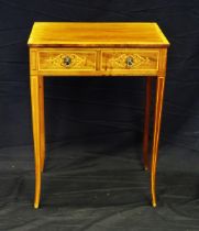 A mahogany and satinwood banded side table with two short frieze drawers, raised on square